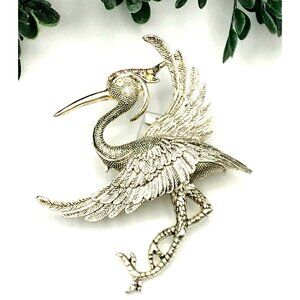Elegant Silver-Tone Stork Bird Brooch With Textured Details & Rhinestone Accent
